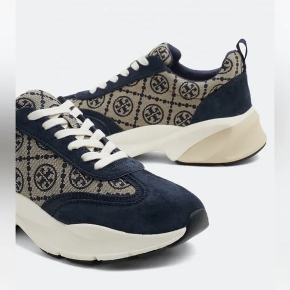 🔥🔥Authentic Tory Burch T Monogram Good Luck Sneakers M Navy Blue Monogram Size11 - Picture 8 of 13